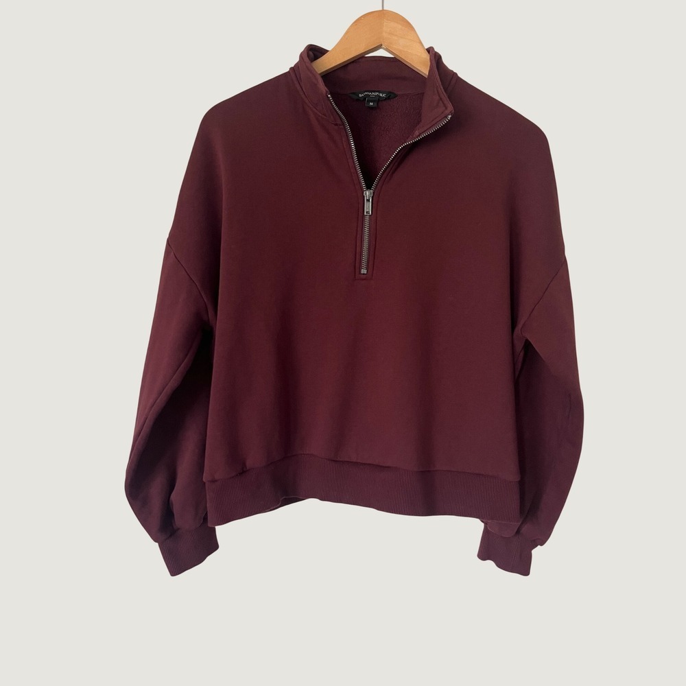 Banana Republic Womens Quarter Zip Fleece Sweatshirt Burgundy Maroon Size M